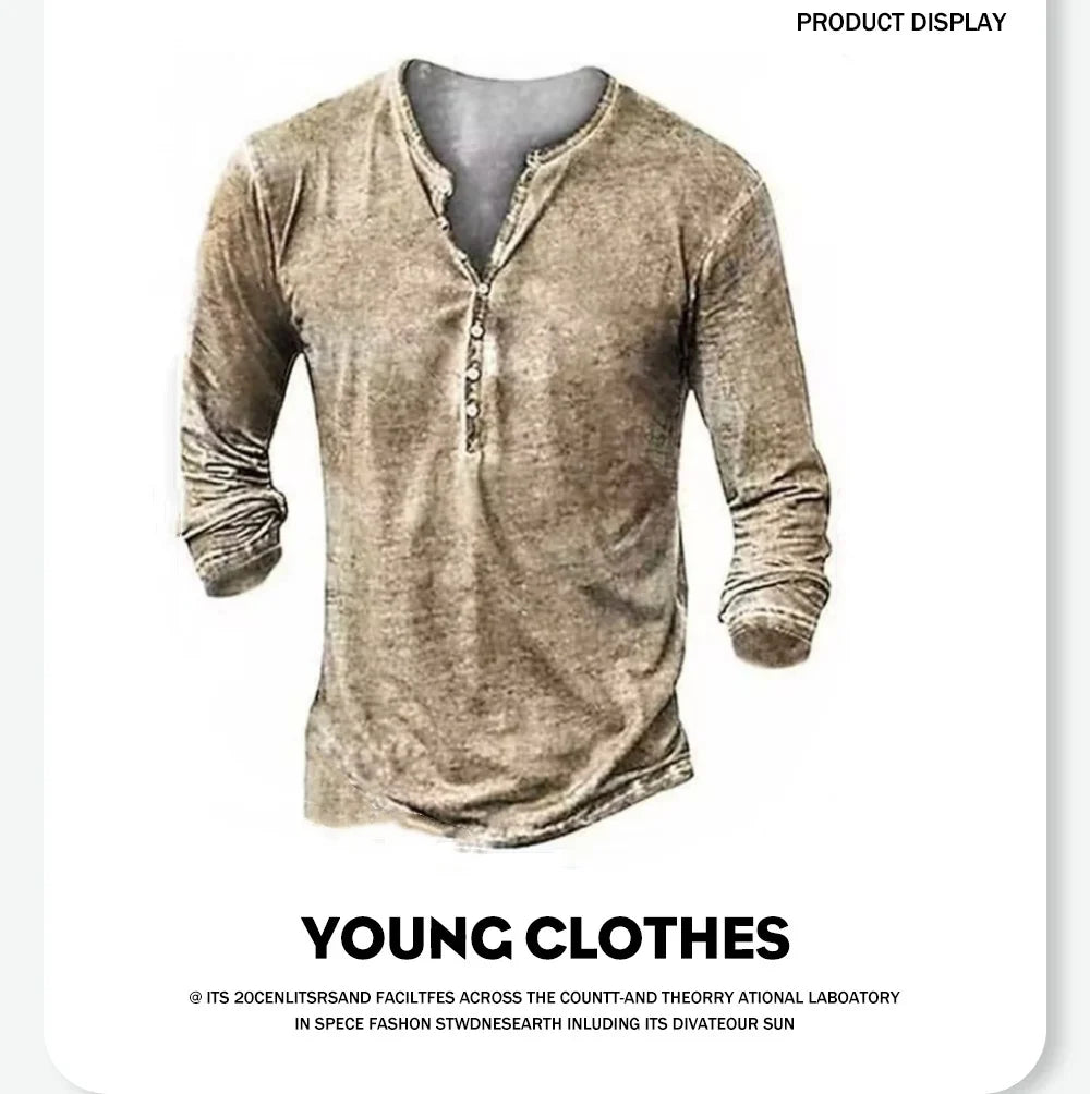 Autumn Skull Henley Shirt 3D Print Streetwear Men's Fashion Vintage Long Sleeve Button T Shirt Men's T Shirt Tops Clothing