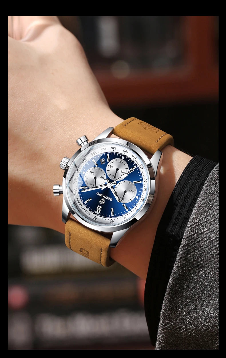 Robuste und präzise BINBOND-Quarz-Chronographenuhr für Herren, luxuriös, mit automatischer Datumsanzeige, Leuchtzeiger und wasserdicht, im lässigen Stil.