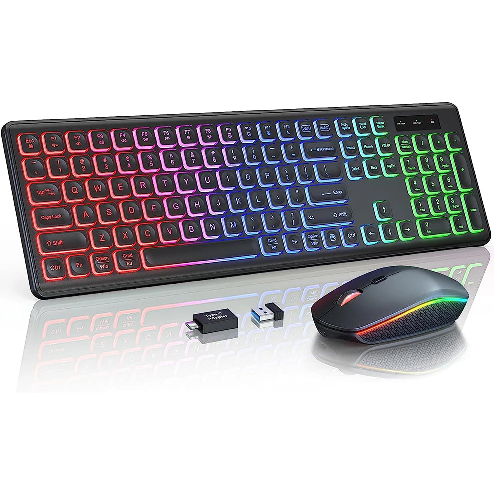 Kabellose Tastatur-Maus-Kombination mit RGB-Hintergrundbeleuchtung, wiederaufladbaren beleuchteten Tasten, Full-Size-Format, ergonomischem Design, Schlafmodus, 2.4GHz