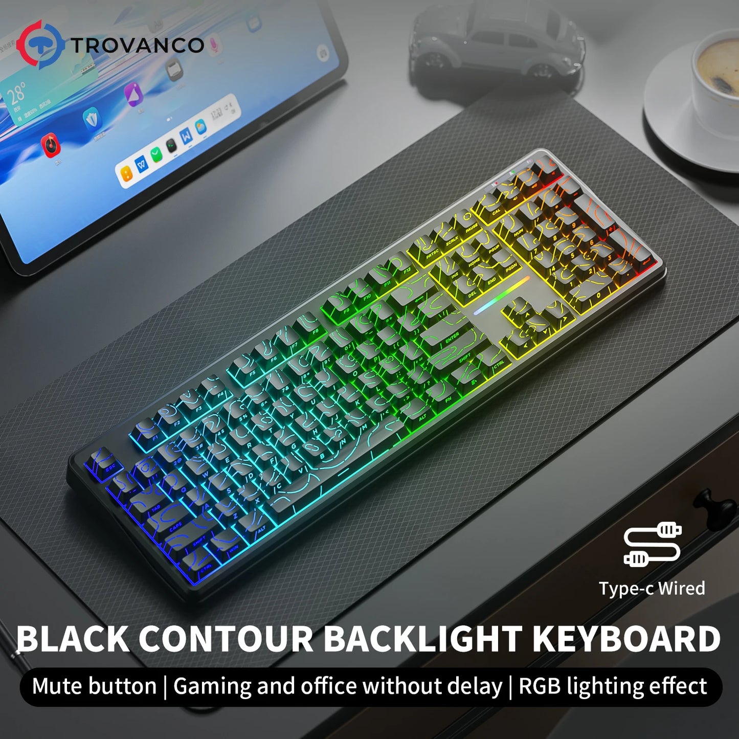 V108 Pro Bluetooth-Tastatur Büro, geräuscharm, 2.4G kabelgebunden & kabellos, vollständiges Layout mit RGB-beleuchteter Membran