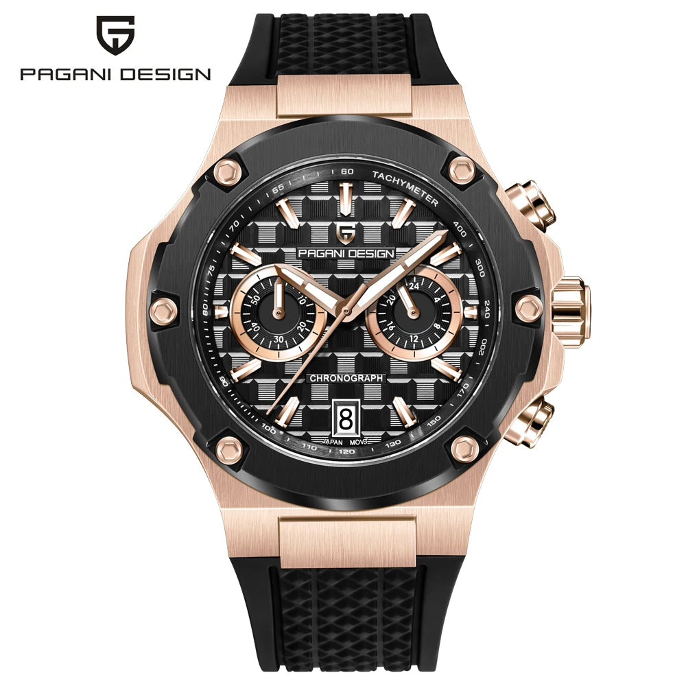 Křemenné pánské hodinky PAGANI DESIGN – luxusní sportovní chronograf, vodotěsný, s luminiscenčními ručičkami a safírovým sklem s antireflexní úpravou