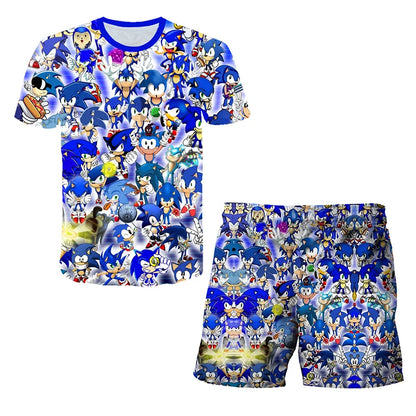 2026 Sonic The Hedgehog 3D T-shirt Set for Boys and Girls: Cute Summer Top + Shorts - Children's Short-Sleeve Birthday Gift