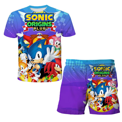 New Boys T-shirt Sonic The Hedgehog 3D T-shirt Set for Boys Girls Cute Summer Top + Shorts Children's Short-Sleeve Birthday Gift