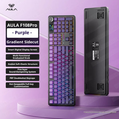 Tastiera meccanica AULA F108 PRO Custom, layout 100%, retroilluminazione RGB, Bluetooth wireless, switch Hi-Fi, tastiera gaming