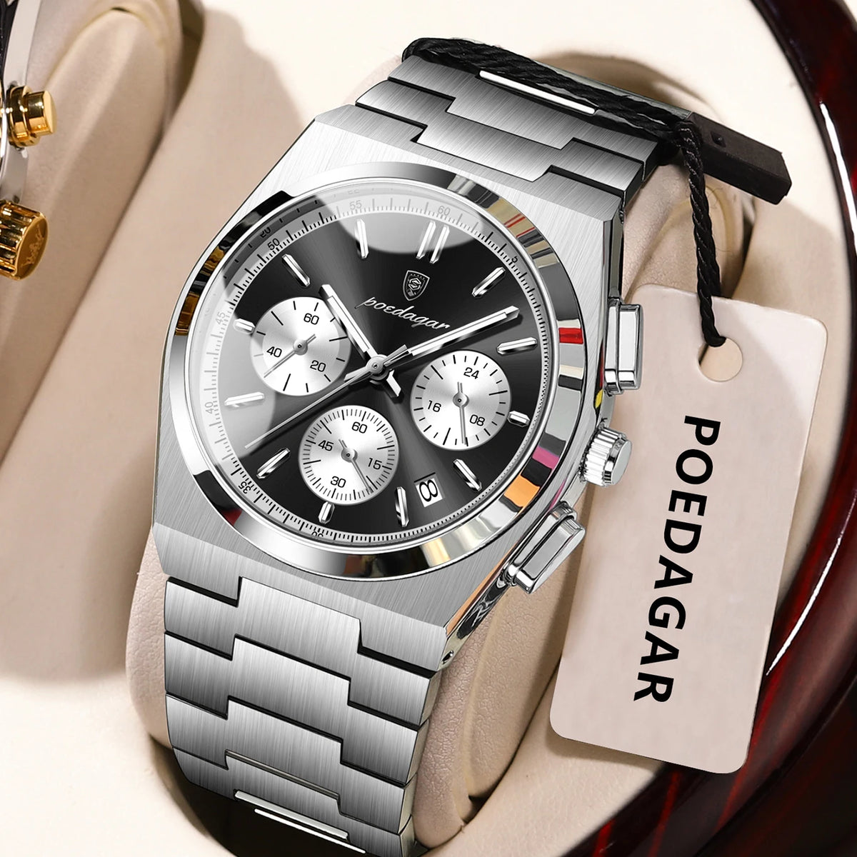 POEDAGAR herenhorloge – Luxe chronograaf van roestvrij staal, met datum, waterdicht en lichtgevend – Sportief quartz-polshorloge