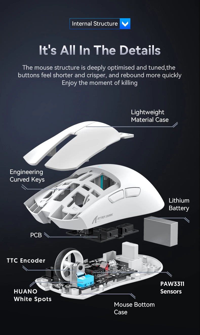 Mouse gaming wireless ATTACK SHARK X11SE, tri-mode, superleggero 63g con sensore PAW3311, 22000 DPI, batteria 300mAh, doppio driver
