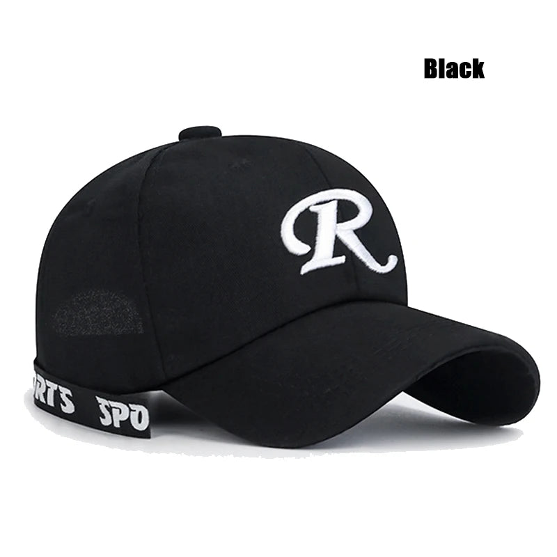Casquette de baseball à visière rigide ajustable en coton brodé avec ruban en forme de lettre « R », casquette de soleil, casquette de camionneur, casquette hip-hop