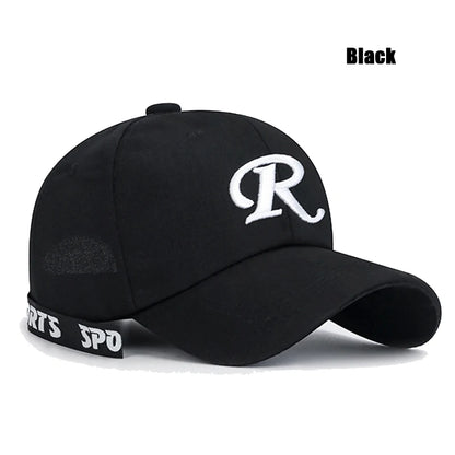 Casquette de baseball à visière rigide ajustable en coton brodé avec ruban en forme de lettre « R », casquette de soleil, casquette de camionneur, casquette hip-hop