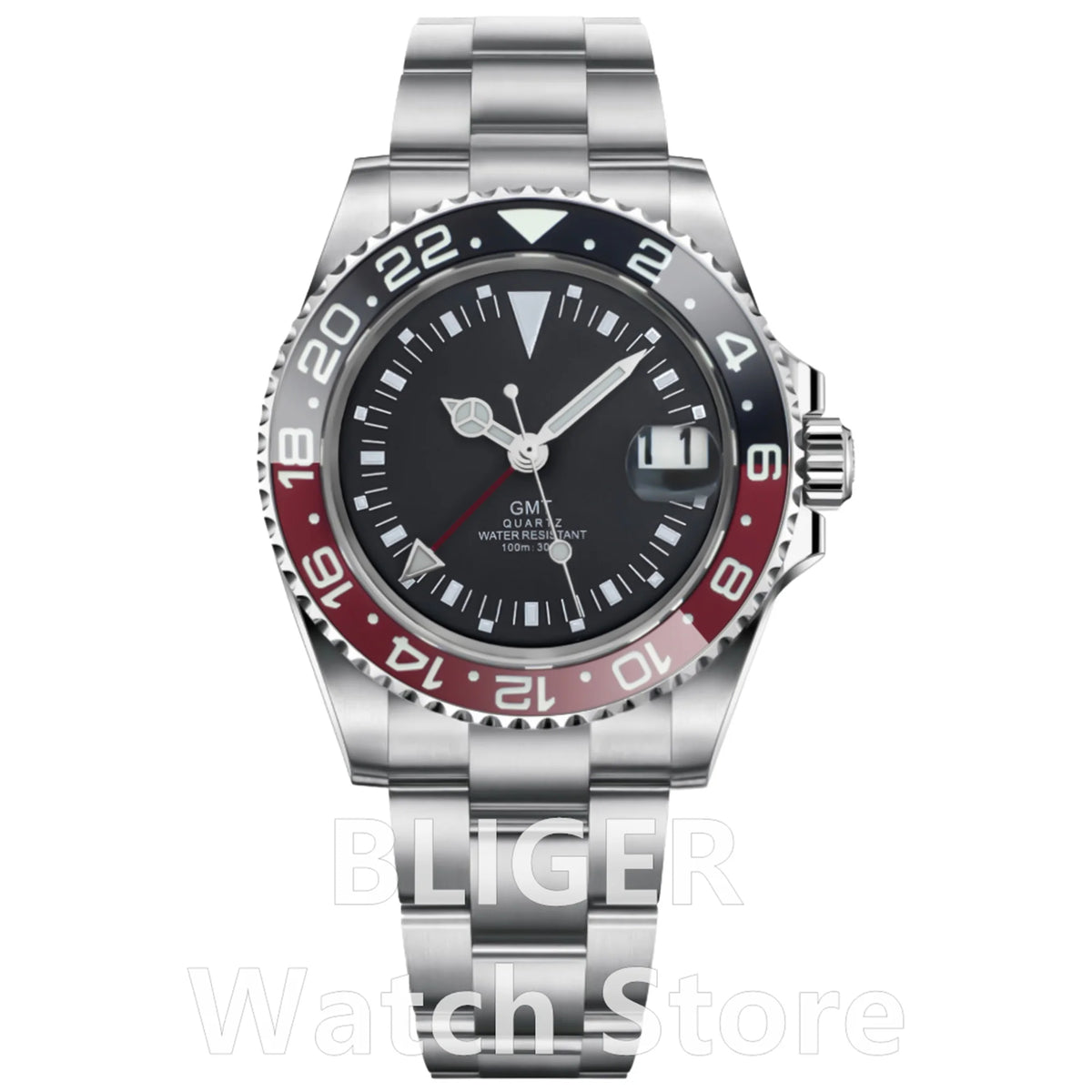 BLIGER 40mm 515 24H GMT Men's Watch Stainless Steel Clasp Luminous Quartz Movement Ceramic Bezel Sapphire Glass 10Bar Waterproof