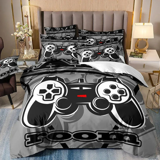 Pelaajan vuodevaatesetti pojalle – gaming-pussilakanasetti, Queen-koko, videopeliaiheinen peitonpäällinen, PlayStation-kuvioitu vuodevaatesetti teini-ikäisille ja miehille