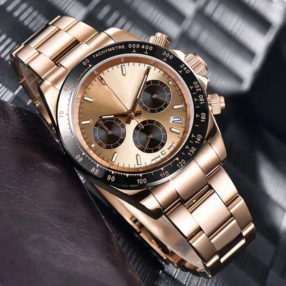 Reloj de lujo para hombre VK63 con movimiento de cuarzo, cronógrafo de negocios, 39mm, acero/oro rosa, fecha, esfera luminosa y cronógrafo completo