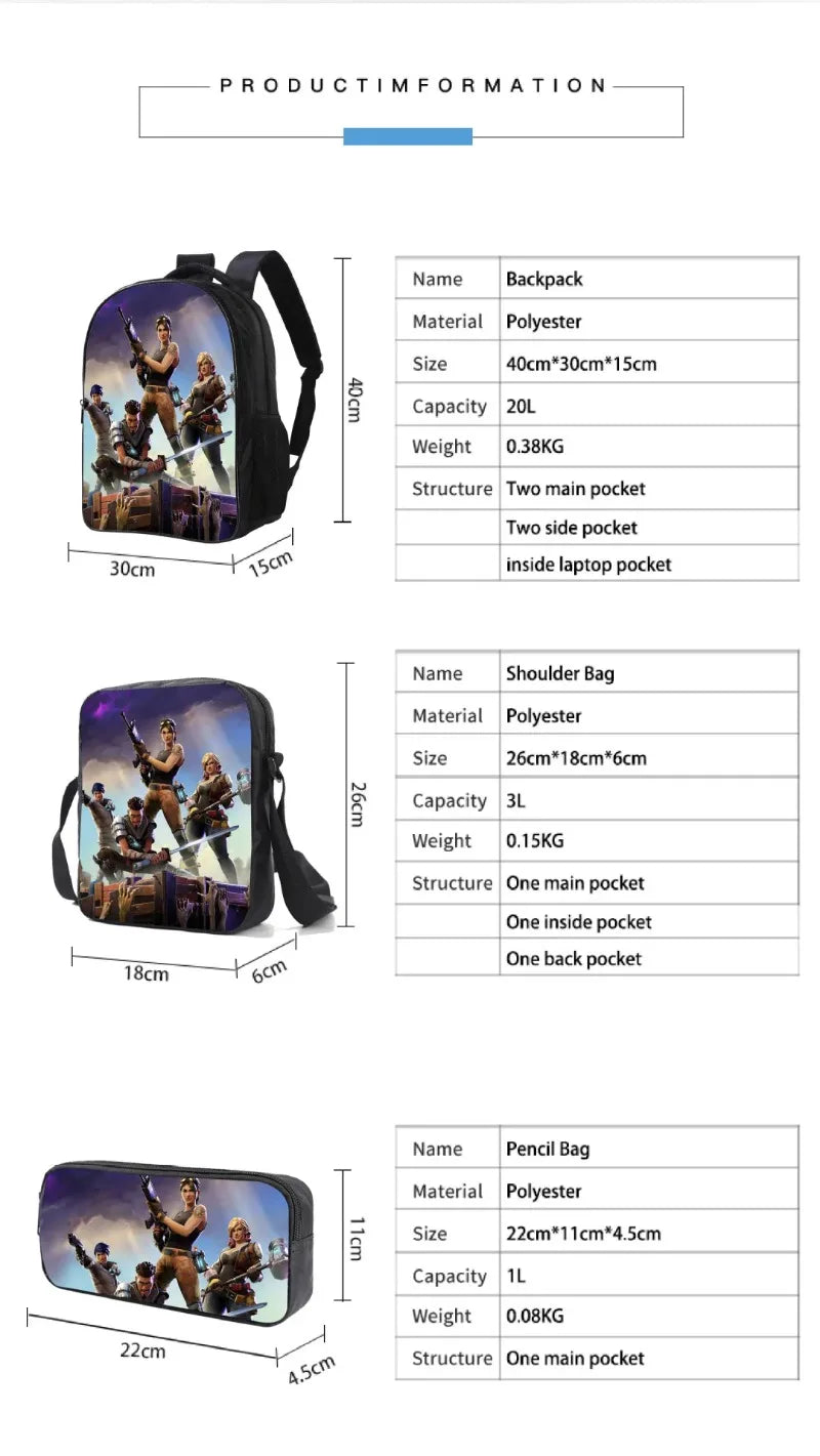Zaino Fortnited 3PCS per ragazzi, Victory Game, 16 Inch, resistente all’acqua, per scuola materna, zaino scolastico cool per scuola elementare