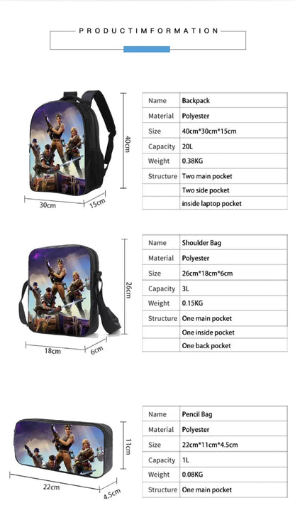 Zaino Fortnited 3PCS per ragazzi, Victory Game, 16 Inch, resistente all’acqua, per scuola materna, zaino scolastico cool per scuola elementare