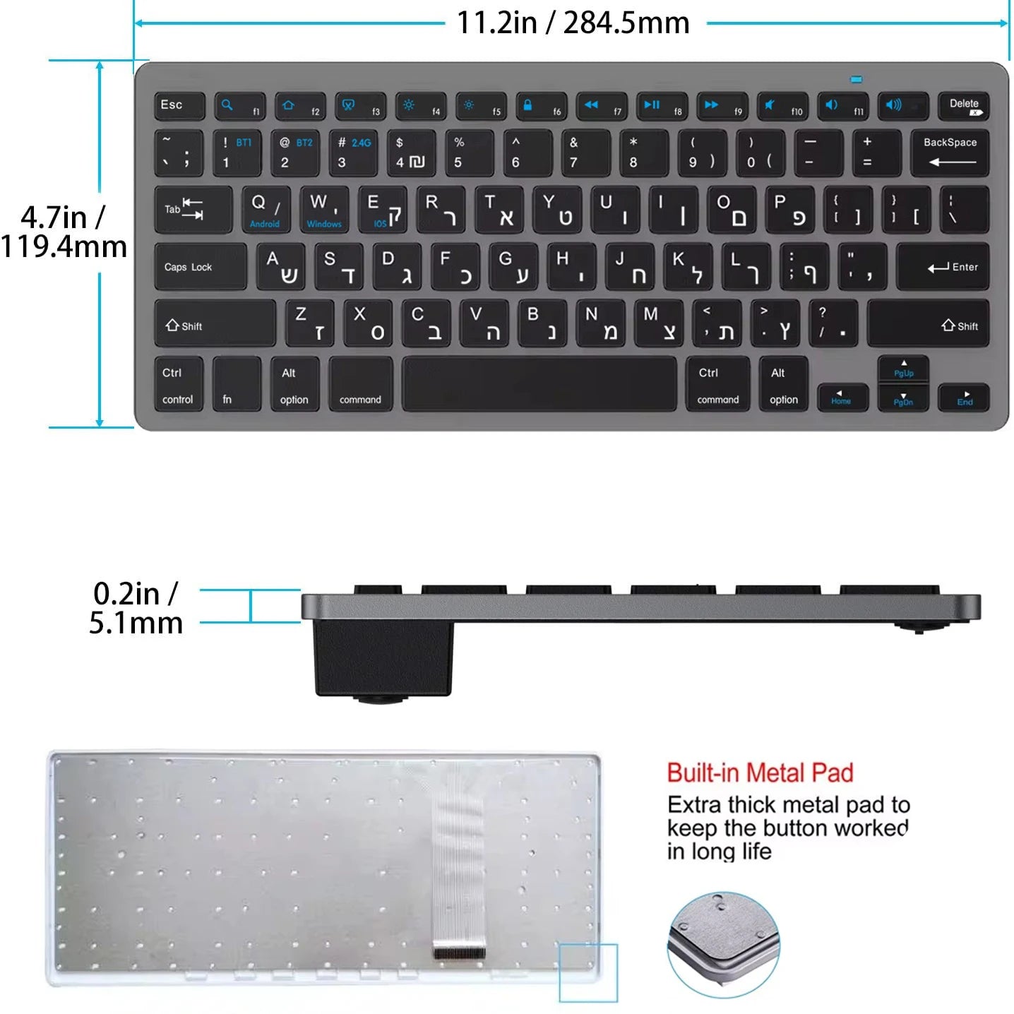 Hebräisch-englisches Layout – kabellose Bluetooth- & 2.4G-Dual-Mode-Tastatur, schlank, kompakt und ergonomisch für Windows, iOS und Android
