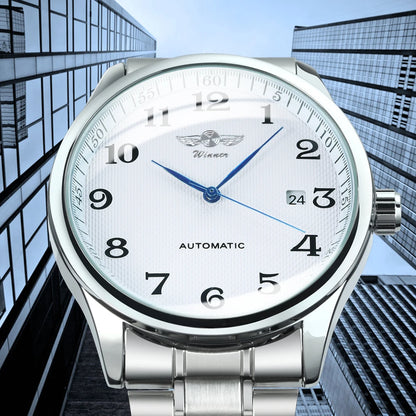 Klassische Herrenuhr – Retro-Design mit Kalender und blauen Zeigern, mechanisches Automatikwerk, renommierte Marke, Edelstahlgehäuse und Lederarmband