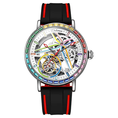 Relógio esqueleto para homem, estilo moderno, adornado com pedras preciosas nas cores do arco-íris, equipado com um turbilhão; relógio mecânico automático de luxo, estanque até 30 metros.