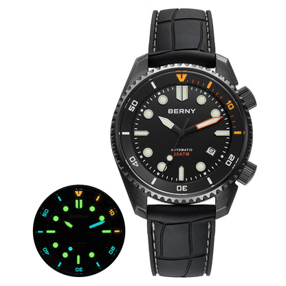 BERNY Automatic Diver Watch for Men Top Luxury Sapphire 316L Steel Blue Dial 200M Waterproof Mechanical Diving Men's Watches