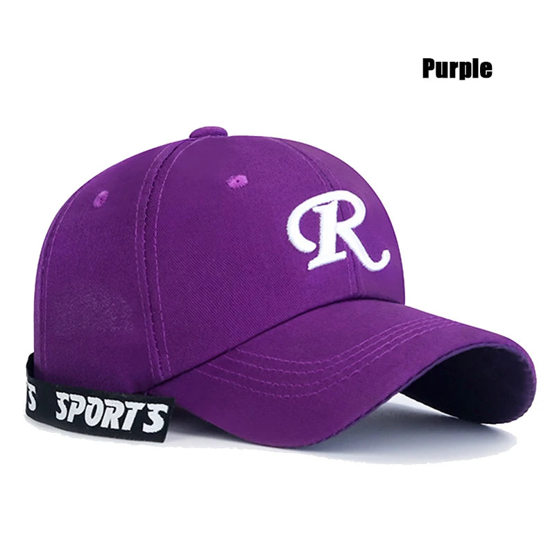 Casquette de baseball à visière rigide ajustable en coton brodé avec ruban en forme de lettre « R », casquette de soleil, casquette de camionneur, casquette hip-hop
