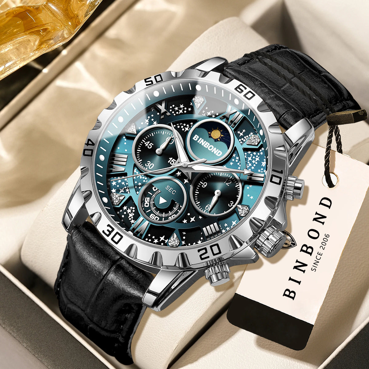 Montre-bracelet à quartz BINBOND authentique et précise pour homme, chronographe lumineux étanche de luxe avec bracelet en cuir.