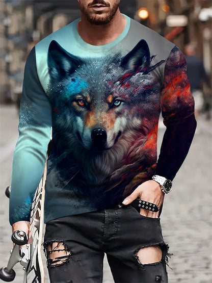 2024 New Wolf Print Men's Long Sleeve T-shirt Spring And Autumn Men's Daily Casual Shirt Street Fashion Men's Long Sleeve T-shir