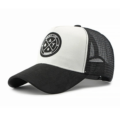 A retro-style suede work cap with a leather logo and breathable mesh design, suitable for both men and women to wear casually.