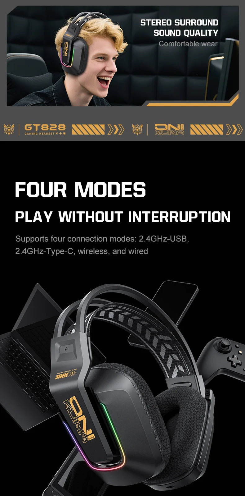 Auriculares gaming inalámbricos ONIKUMA GT828 Bluetooth 5.3 RGB con micrófono, cancelación de ruido y conexión de 4 modos para PC, PS5 y portátil