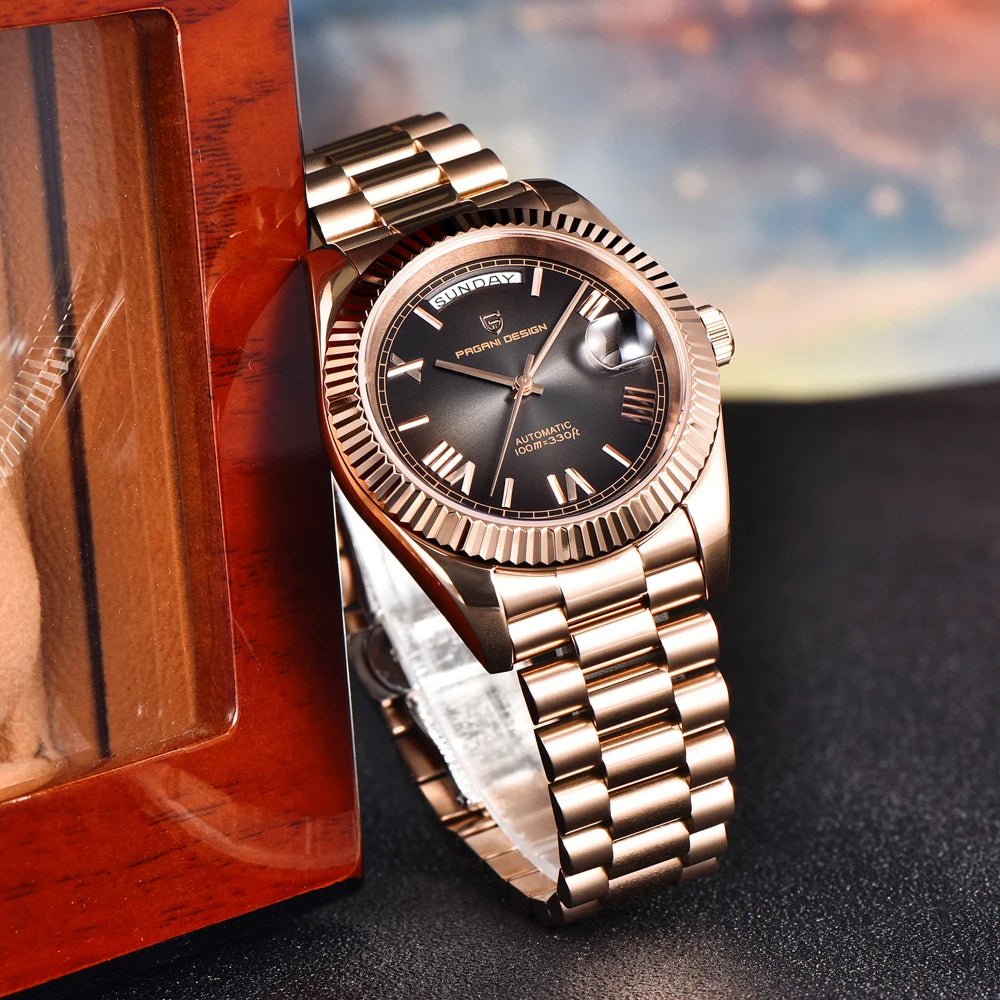 PAGANI DESIGN New DD36 Rose Gold Luxury Automatic Mechanical Watch For Men ST16 100M Waterproof AR Sapphire Glass Wristwatch Men