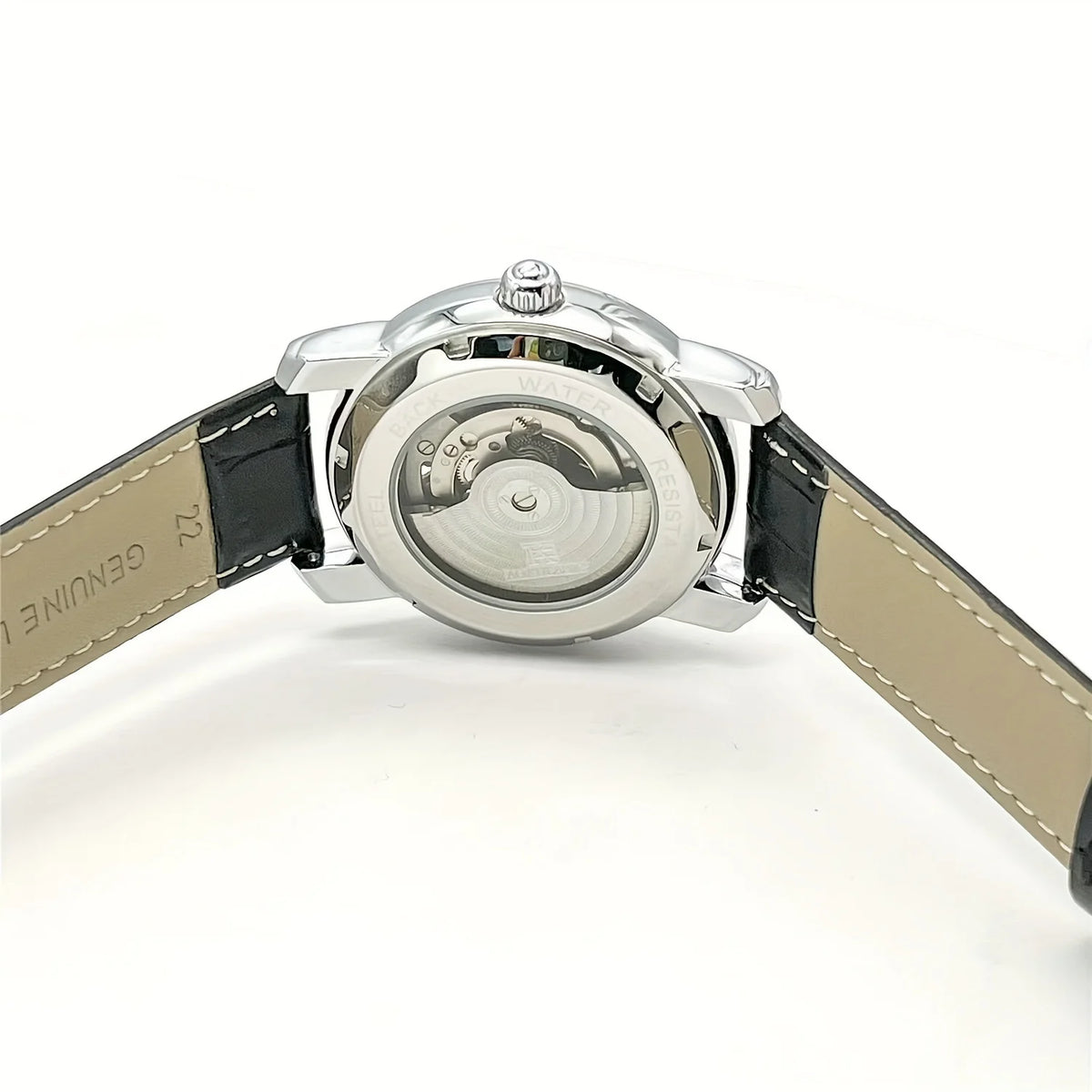 Automatikus mechanikus férfi karóra – Elegáns, áttört kialakítás, divatos „business casual” stílus, ötvözetből készült tok és bőr karkötő, elem nélkül
