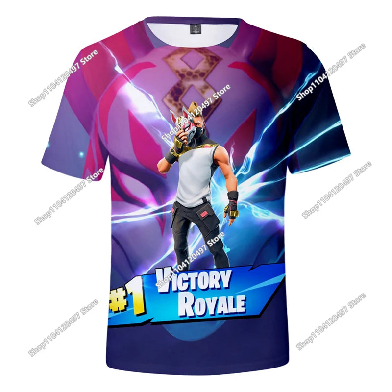 T-shirt de Verão para Criança Battle Royale Fortnite Hero Victory 3D — T-shirt para Rapazes, Raparigas e Bebés