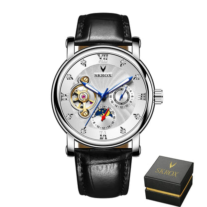 Relógio mecânico automático de luxo para homem, de uma grande marca, equipado com um turbilhão, uma fase lunar e diamantes – um elegante relógio de pulso.