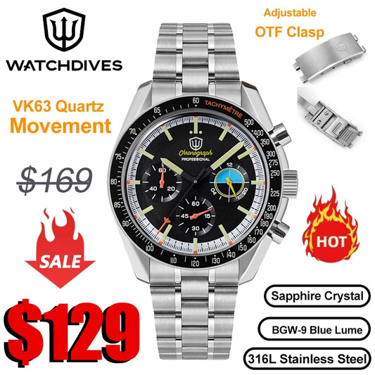 Watchdives WD1863 39mm VK63 Chronograph Watch, OTF Clasp, Sweep Quartz Movement, Sapphire, Luminous, 100m Waterproof