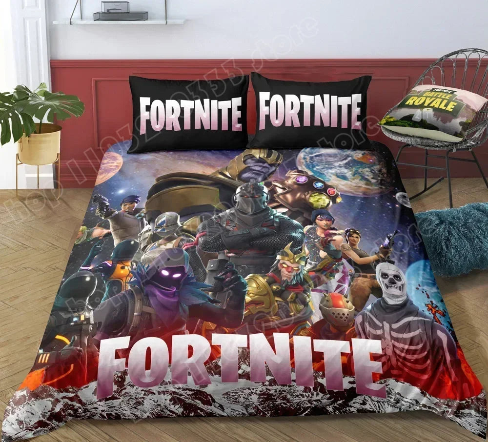 Fortnite-Bettwäsche-Set, Bettbezug, 3-teilig, 3D-bedruckte Schlafzimmer-Bettwäsche, Game-Anime-Cartoon-Kissenbezug, Zimmerdekoration, Geschenk