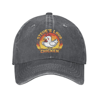 Unisex „Chicken Jockey Lava“ kepurė su vištos atvaizdu, „Steves“ stiliaus, madinga, dirbtinai susidėvėjusi, išplauta beisbolo kepurė su reguliuojamu dydžiu