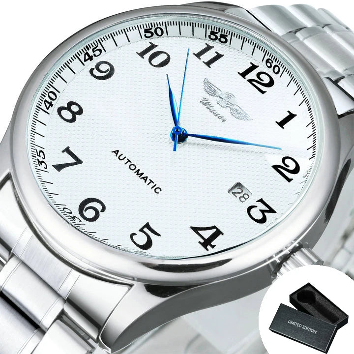 Klassische Herrenuhr – Retro-Design mit Kalender und blauen Zeigern, mechanisches Automatikwerk, renommierte Marke, Edelstahlgehäuse und Lederarmband