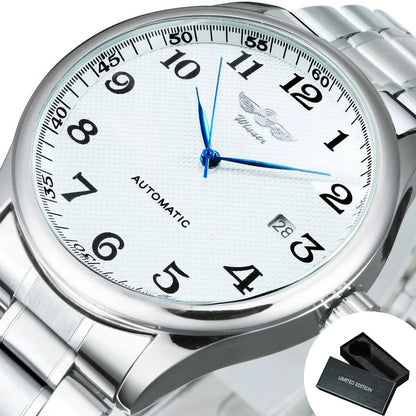 Klassische Herrenuhr – Retro-Design mit Kalender und blauen Zeigern, mechanisches Automatikwerk, renommierte Marke, Edelstahlgehäuse und Lederarmband