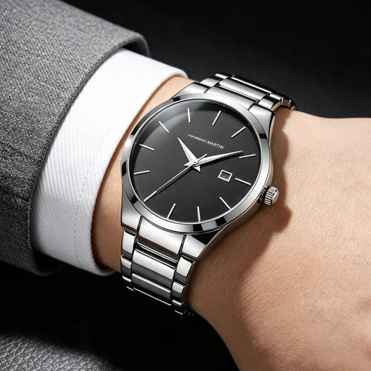 Montre pour homme Hannah Martin, boîtier en acier inoxydable, mouvement à quartz, cadran de 41 mm, style professionnel, avec affichage du calendrier (imitation)