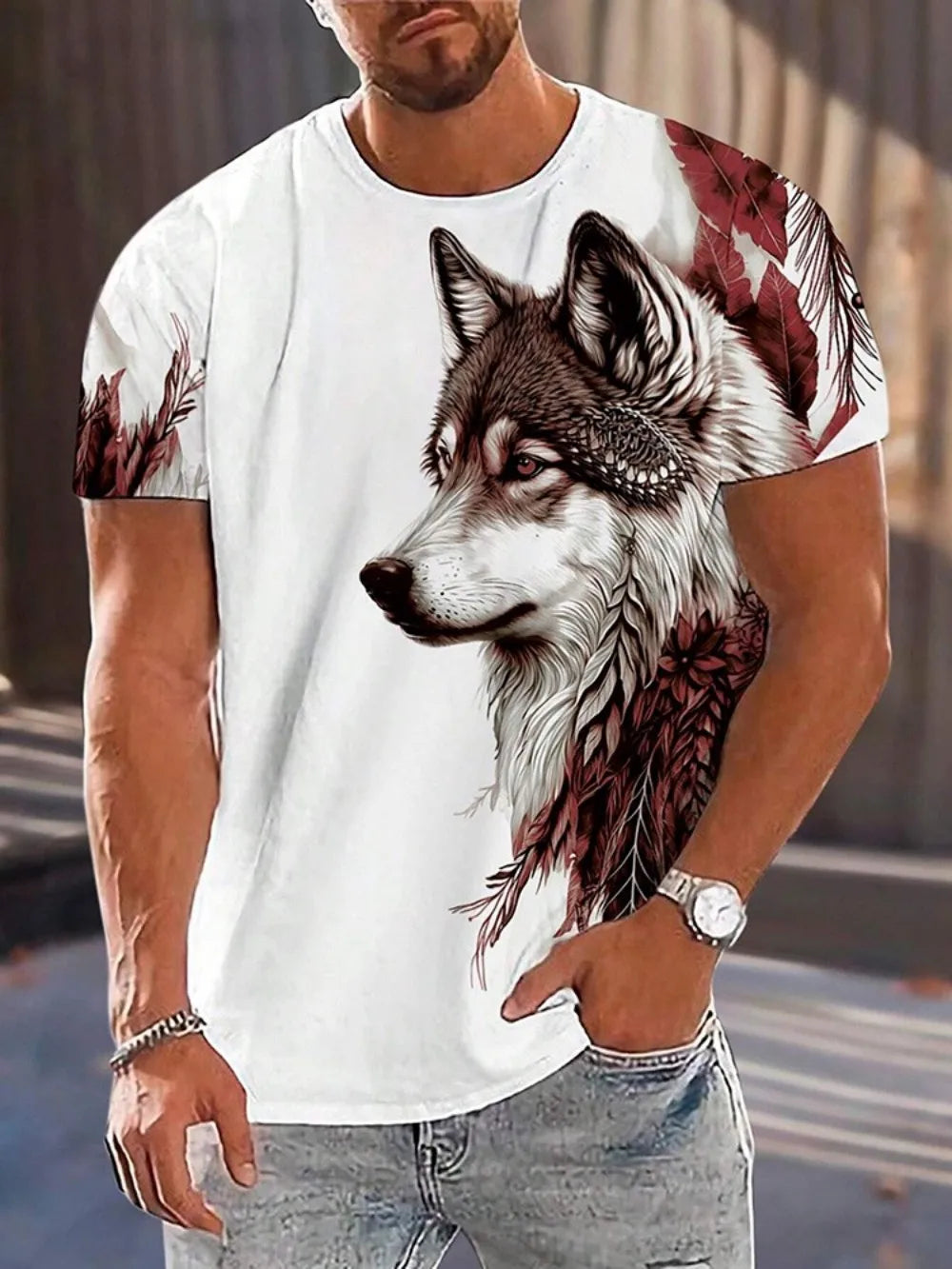 Fashionable Summer Men's Domineering Wolf Print Pattern Breathable Round Neck T-shirt Outdoor High Street Casual Top