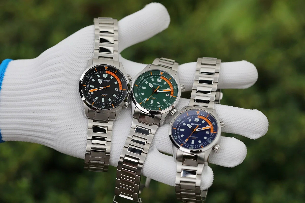 Relógio de mergulho BERNY para homem, automático mecânico, 200M impermeável, superluminoso, 42mm, safira, para natação e mergulho