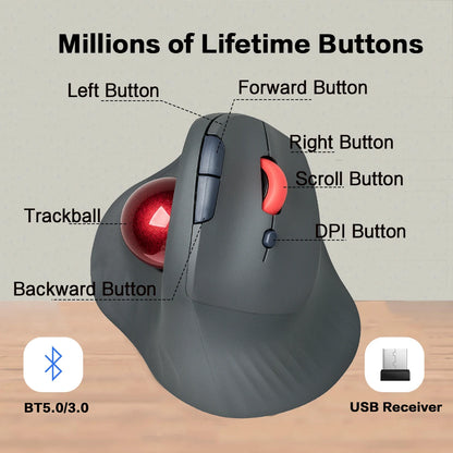 JOMAA Wireless Trackball Mouse Vertical Rechargeable Rollerball Mouse Ergonomic Slient Clikc Gaming Mouse for Windows Computer