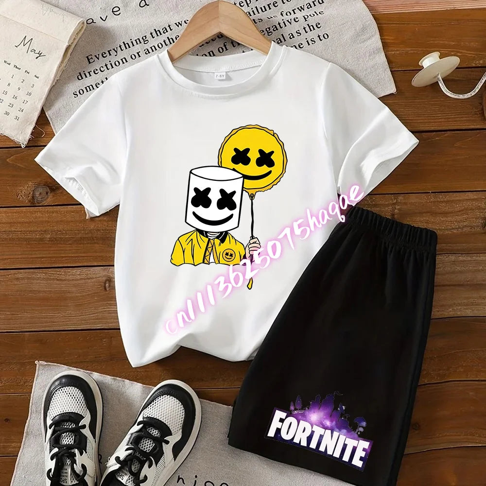 Completo estivo Fortnite con T-shirt e shorts per bambini e bambine, set 2 pezzi, abbigliamento bambino con top, T-shirt e pantaloncini, stampa Fortress Night, idea regalo
