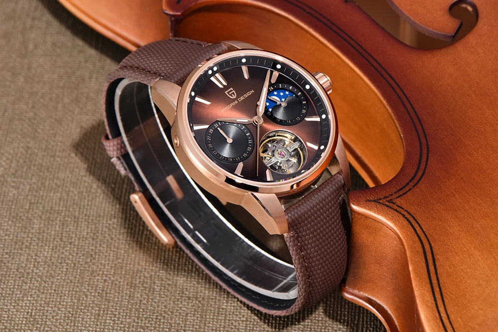PAGANI DESIGN – Orologio meccanico di lusso da uomo, 41 mm, vetro zaffiro, cinturino in pelle, impermeabile, stile pilota, con tourbillon e fasi lunari