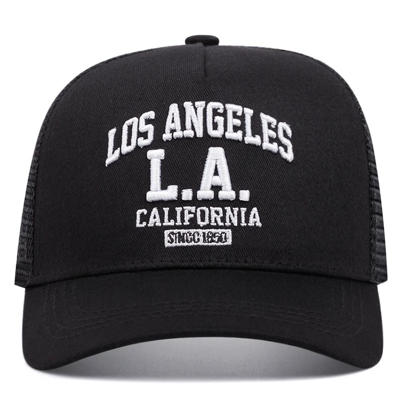„LOS ANGELES“ išsiuvinėta vyriška ir moteriška lauko sporto renginių kepurė, amerikietiško stiliaus „trucker“ tinklinė kepurė, madinga