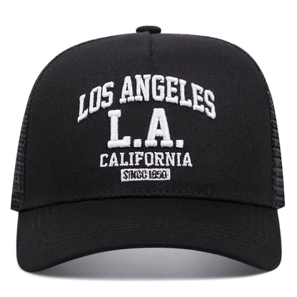 „LOS ANGELES“ išsiuvinėta vyriška ir moteriška lauko sporto renginių kepurė, amerikietiško stiliaus „trucker“ tinklinė kepurė, madinga
