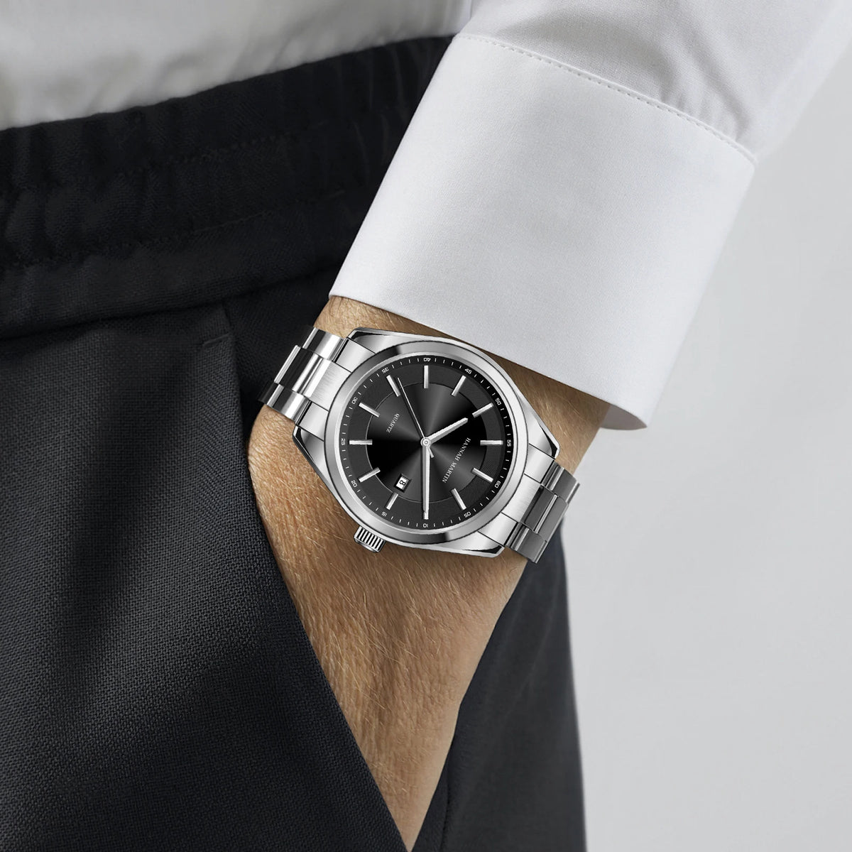 Reloj de cuarzo HANNAH MARTIN, 40 mm, para hombre, correa de acero inoxidable negro, resistente al agua hasta 3 bares, estilo deportivo-elegante
