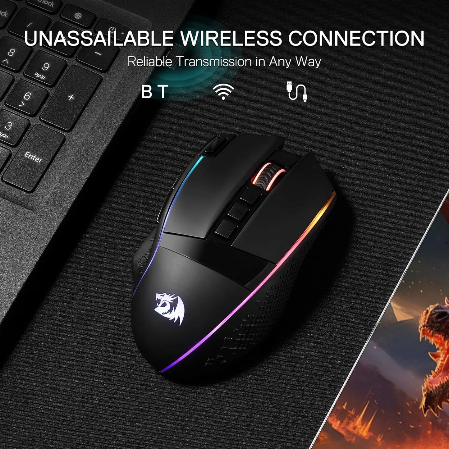 Ratón gaming inalámbrico Redragon M991, 26000 DPI, 3 modos, 9 botones macro, retroiluminación RGB, negro