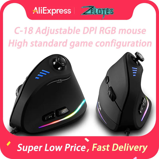 ZELOTES C-18 Vertical Mouse 11 Key Optical Mouse RGB Joysticks Programmable Laser Gaming Mice For PC Computer Gamer