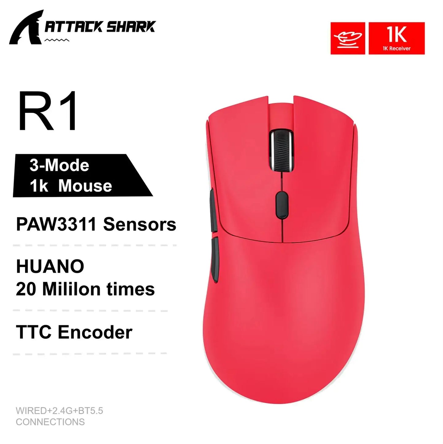 Attack Shark X11&R1 -kolmitilainen Bluetooth-langaton hiiri latausalustalla, RGB-valaistus, ergonominen ja kevyt PC-pelitarvike