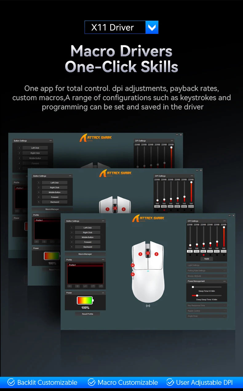 Mouse gaming wireless ATTACK SHARK X11SE, tri-mode, superleggero 63g con sensore PAW3311, 22000 DPI, batteria 300mAh, doppio driver