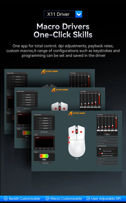 Mouse gaming wireless ATTACK SHARK X11SE, tri-mode, superleggero 63g con sensore PAW3311, 22000 DPI, batteria 300mAh, doppio driver