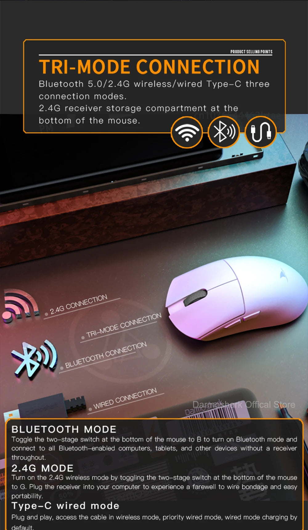 Rato Gaming Darmoshark M3Pro 2.4G BT sem fios Tri-Mode, sensor PAW3395, N52840, 26000DPI, rato com driver macro para mãos grandes e gaming